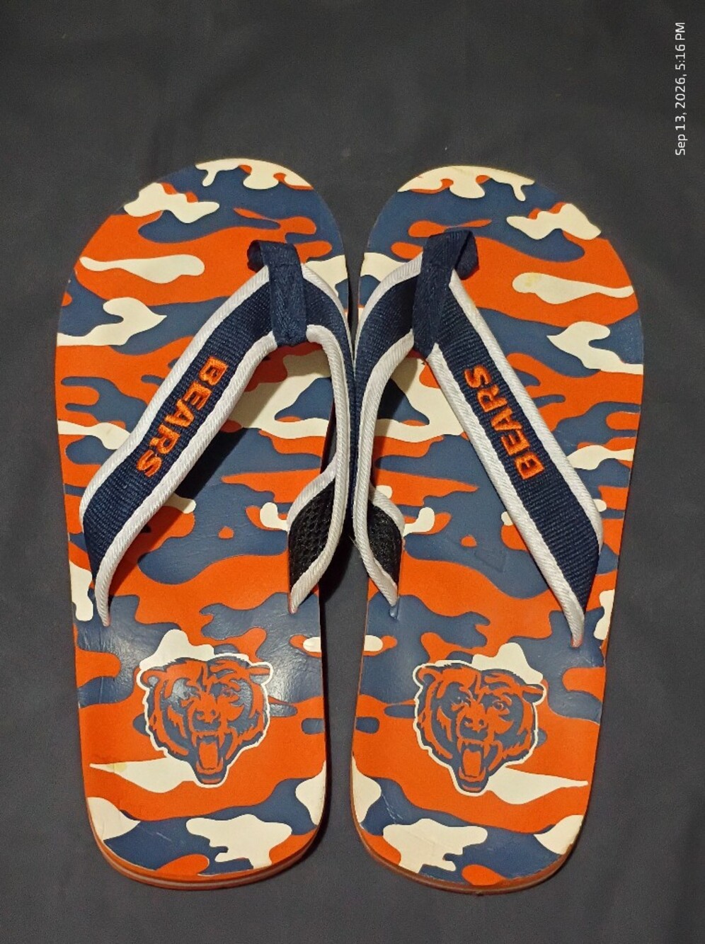 Orange and Navy Chicago Bear-Print Flip Flops -